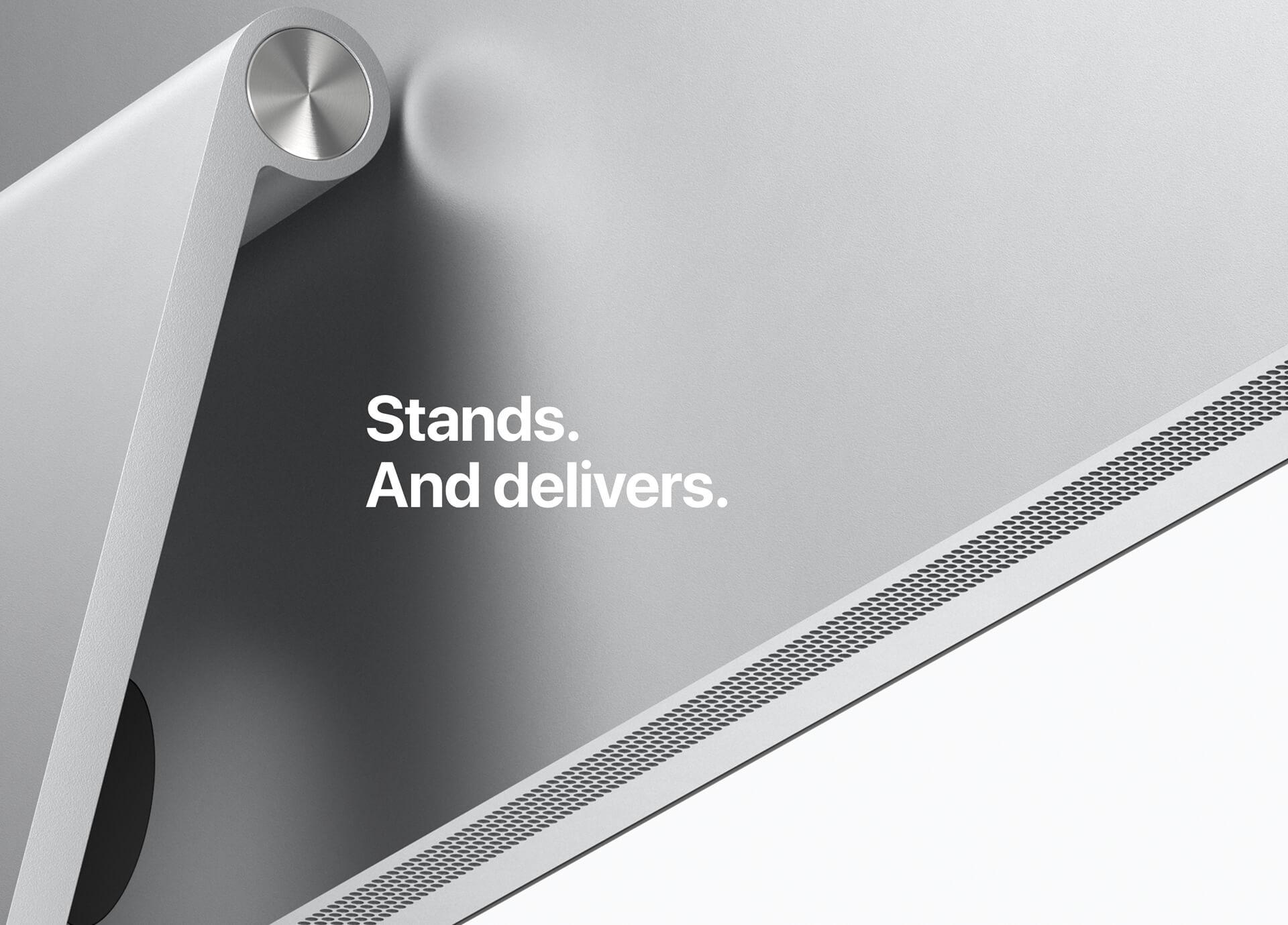 An image of the back of the monitor with the stand prominently displayed. Stands. And delivers.